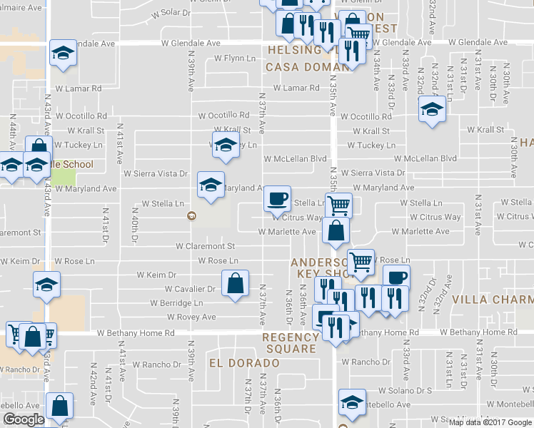 map of restaurants, bars, coffee shops, grocery stores, and more near 6307 North 37th Avenue in Phoenix