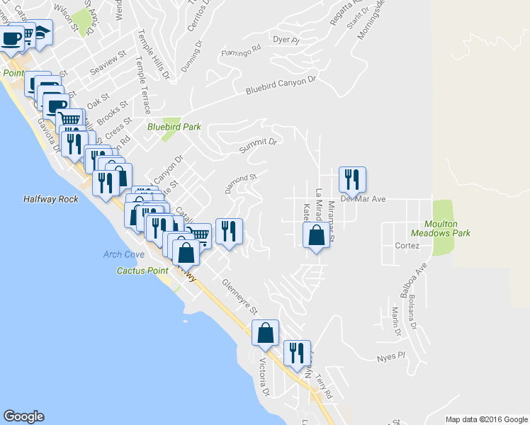 map of restaurants, bars, coffee shops, grocery stores, and more near 2361 Crestview Drive in Laguna Beach