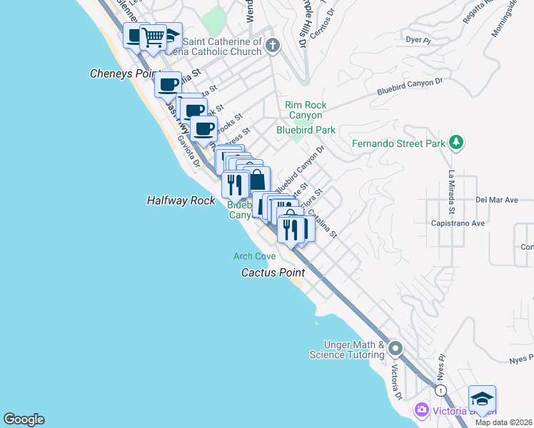 map of restaurants, bars, coffee shops, grocery stores, and more near 1655 South Coast Highway in Laguna Beach