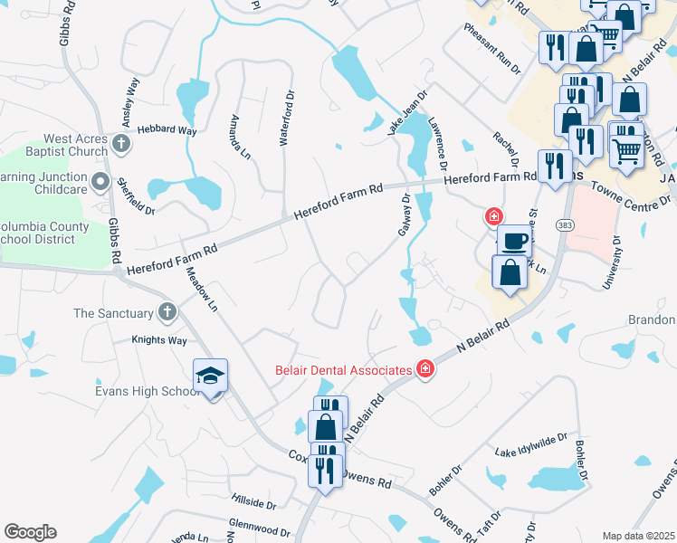 map of restaurants, bars, coffee shops, grocery stores, and more near 468 Connemara Trail in Evans