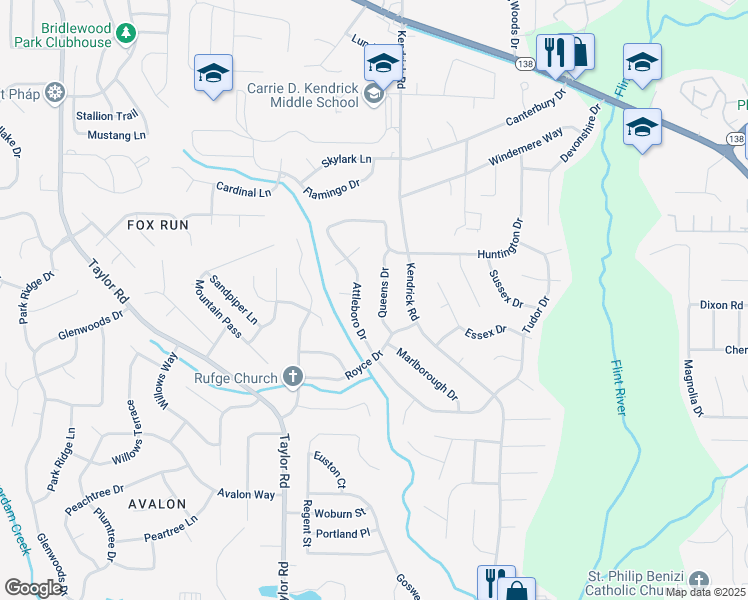 map of restaurants, bars, coffee shops, grocery stores, and more near 8229 Queens Drive in Jonesboro