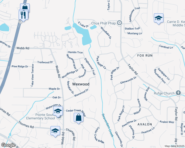 map of restaurants, bars, coffee shops, grocery stores, and more near 8227 Englewood Trail in Riverdale