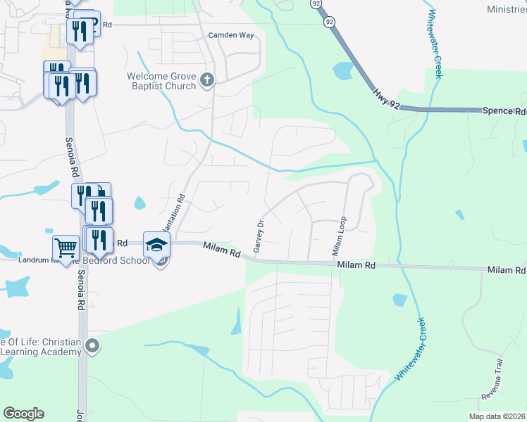 map of restaurants, bars, coffee shops, grocery stores, and more near 8545 Garvey Drive in Fairburn