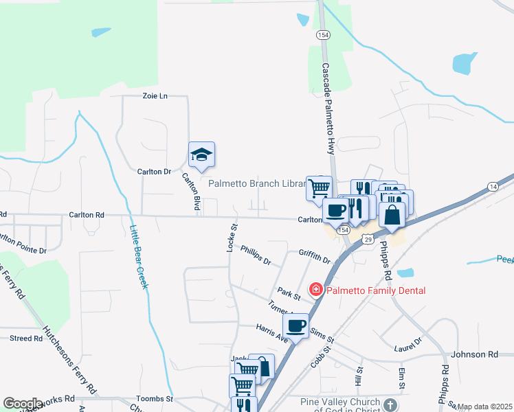 map of restaurants, bars, coffee shops, grocery stores, and more near 501 Carlton Road in Palmetto