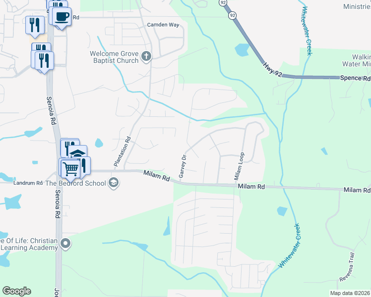 map of restaurants, bars, coffee shops, grocery stores, and more near 8545 Garvey Drive in Fairburn