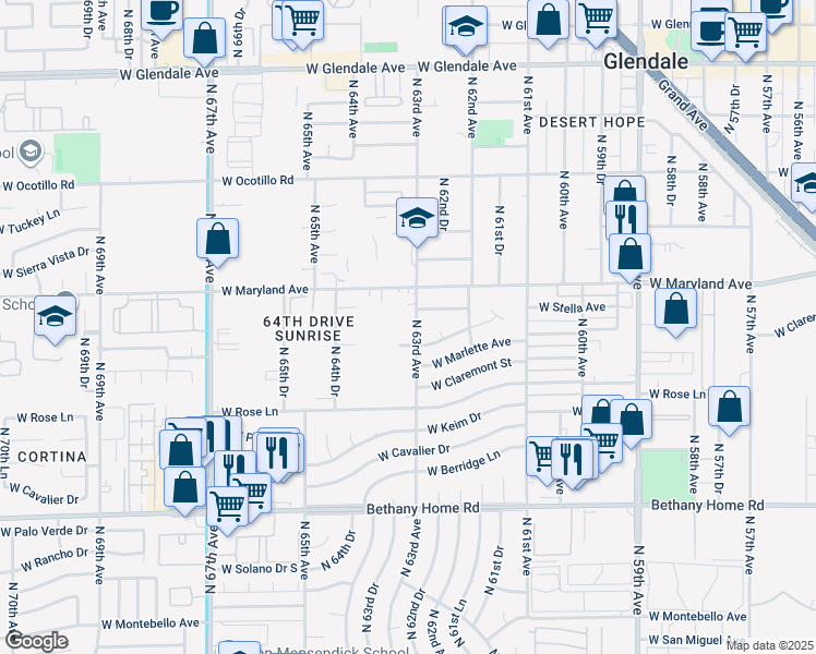 map of restaurants, bars, coffee shops, grocery stores, and more near 6320 North 63rd Avenue in Glendale
