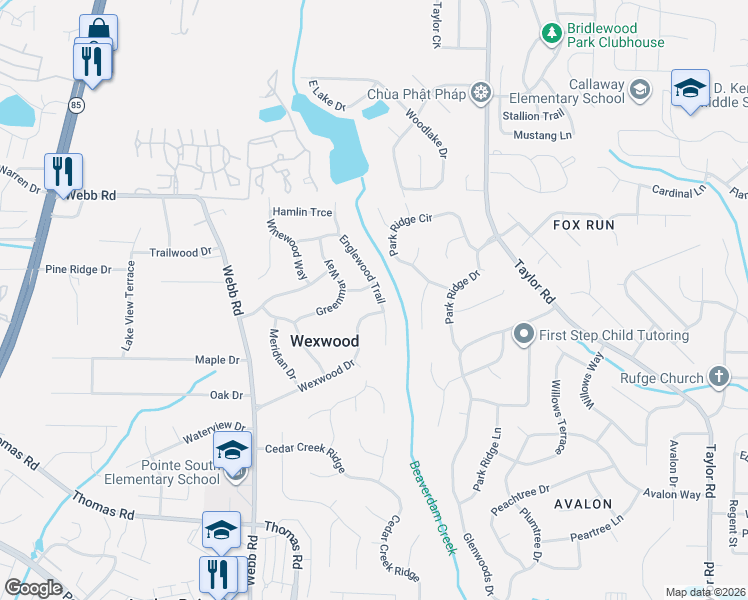 map of restaurants, bars, coffee shops, grocery stores, and more near 437 Wexwood Drive in Riverdale