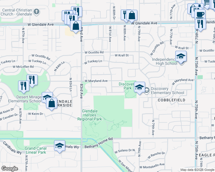 map of restaurants, bars, coffee shops, grocery stores, and more near 8153 West Stella Avenue in Glendale