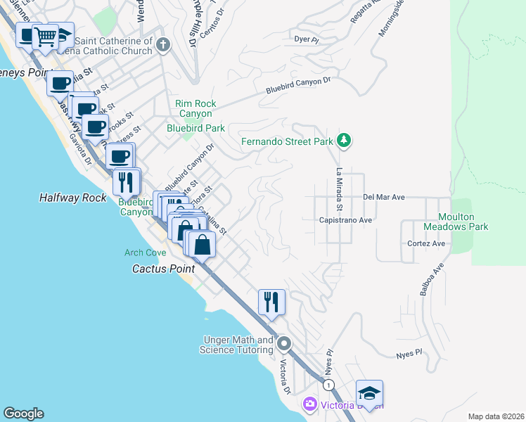 map of restaurants, bars, coffee shops, grocery stores, and more near 2100 Crestview Drive in Laguna Beach