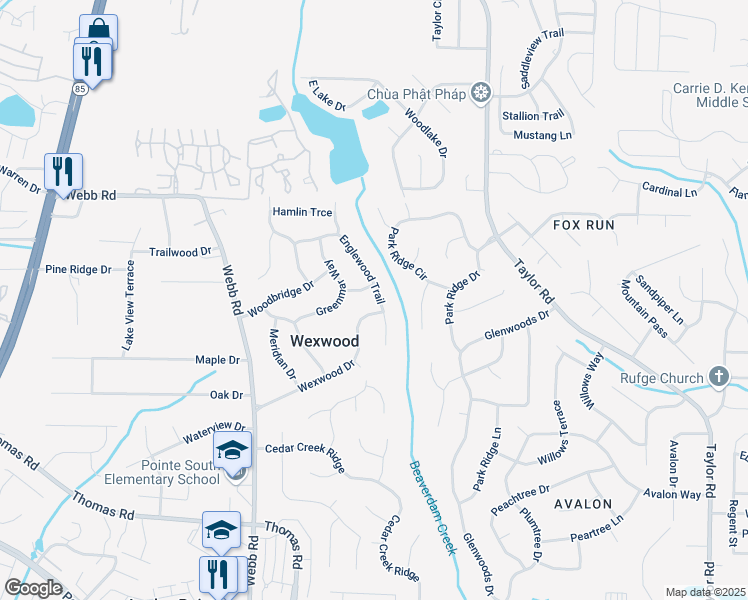 map of restaurants, bars, coffee shops, grocery stores, and more near 8227 Englewood Trail in Riverdale