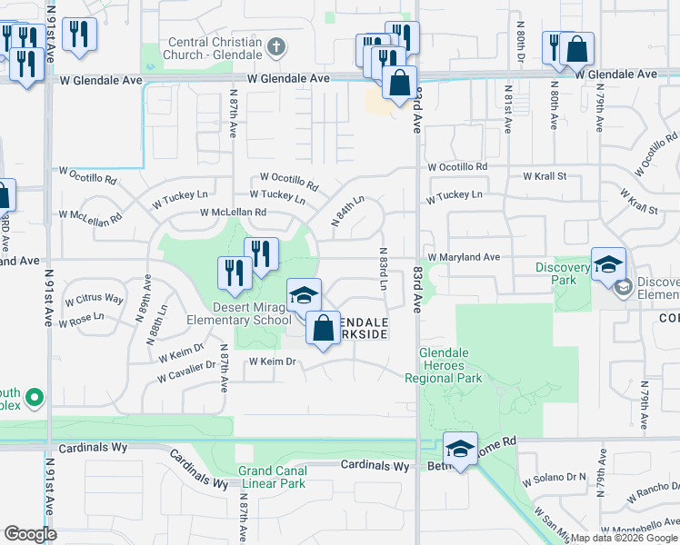 map of restaurants, bars, coffee shops, grocery stores, and more near 8376 West Stella Way in Glendale