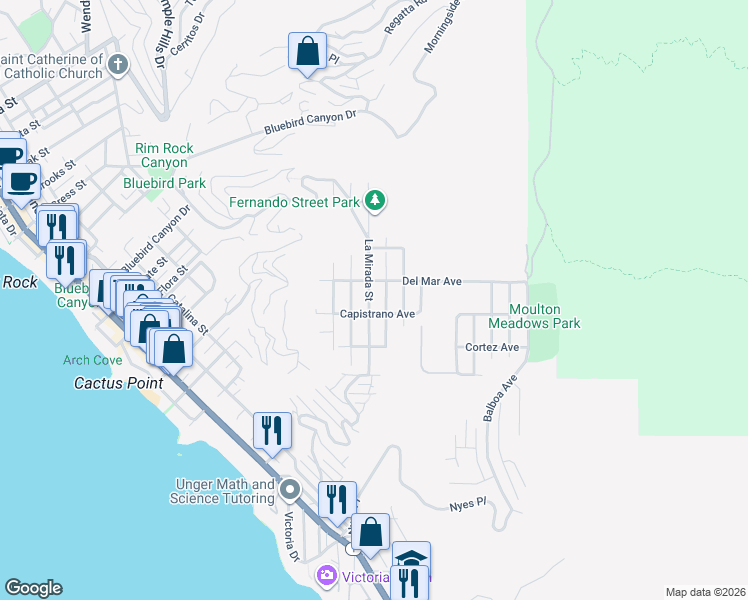 map of restaurants, bars, coffee shops, grocery stores, and more near 1005 Miramar Street in Laguna Beach