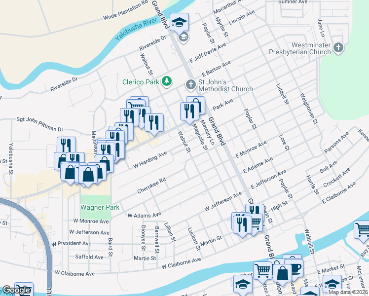map of restaurants, bars, coffee shops, grocery stores, and more near 304 West Cleveland Avenue in Greenwood