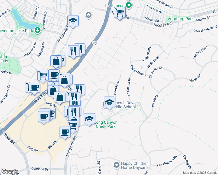 map of restaurants, bars, coffee shops, grocery stores, and more near 40290 Camino Campos Verde in Temecula