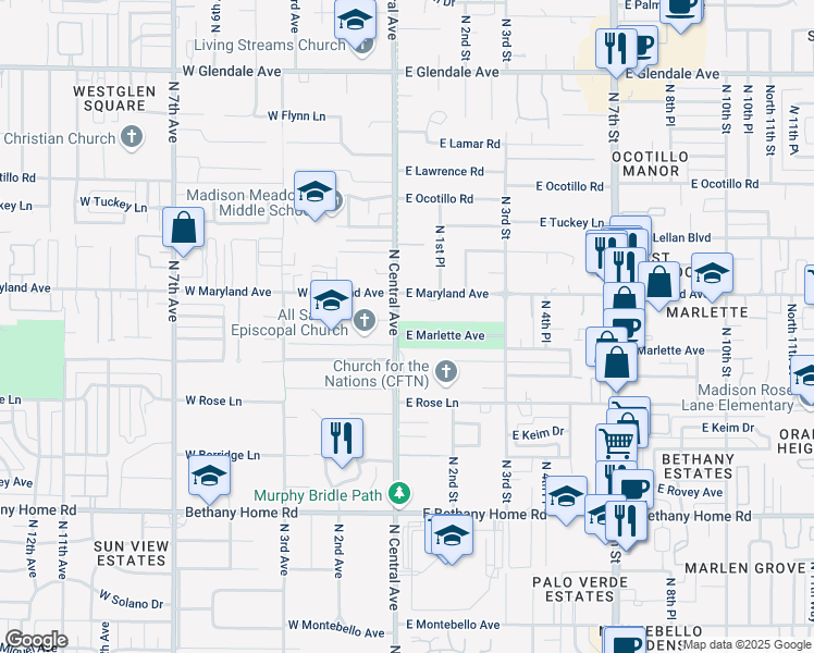 map of restaurants, bars, coffee shops, grocery stores, and more near 23 East Marlette Avenue in Phoenix