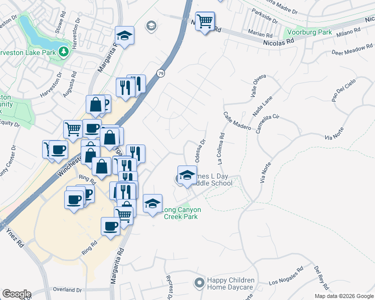 map of restaurants, bars, coffee shops, grocery stores, and more near 40290 Camino Campos Verde in Temecula