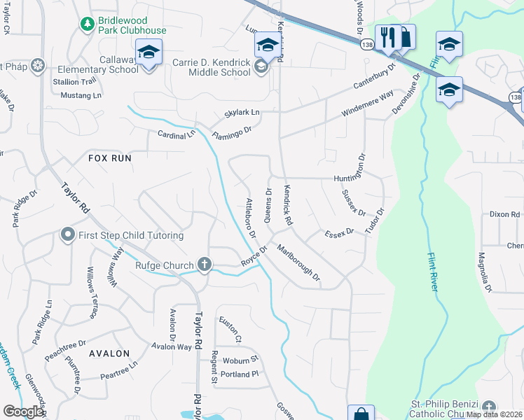 map of restaurants, bars, coffee shops, grocery stores, and more near 8247 Queens Drive in Jonesboro