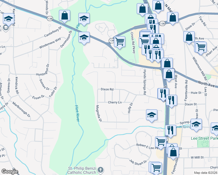 map of restaurants, bars, coffee shops, grocery stores, and more near 593 Dixon Road in Jonesboro