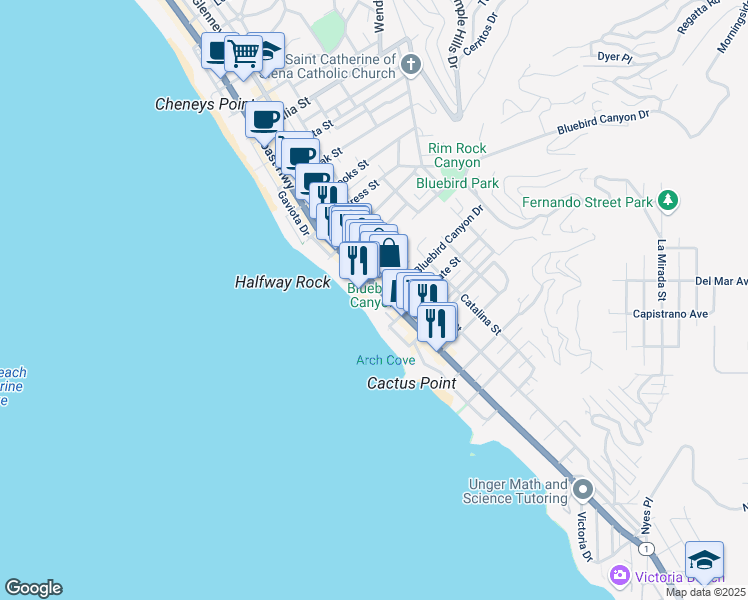 map of restaurants, bars, coffee shops, grocery stores, and more near 1585 South Coast Highway in Laguna Beach