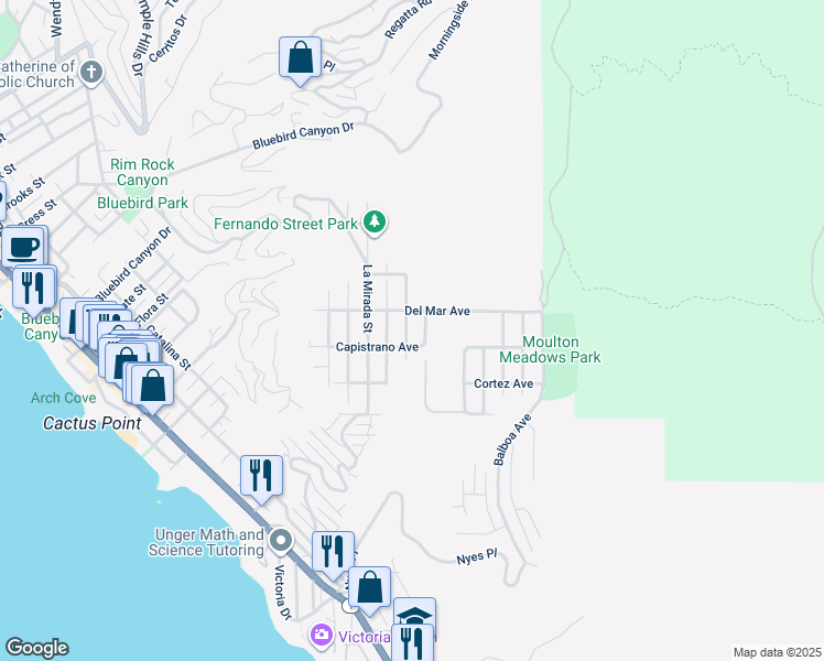 map of restaurants, bars, coffee shops, grocery stores, and more near 1044 Noria Street in Laguna Beach