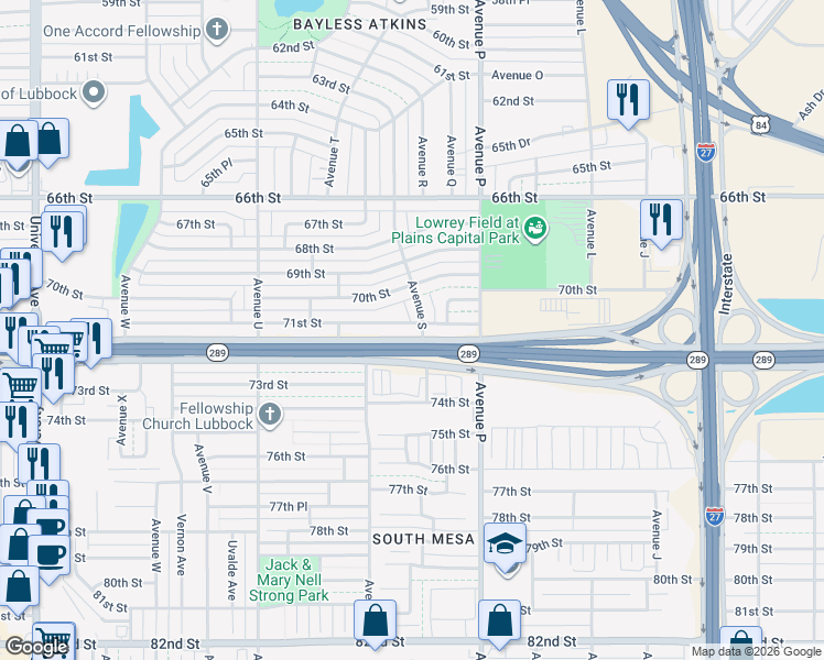 map of restaurants, bars, coffee shops, grocery stores, and more near Texas 289 Loop in Lubbock
