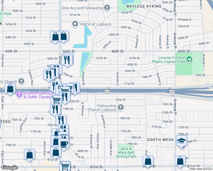 map of restaurants, bars, coffee shops, grocery stores, and more near 2113 71st Street in Lubbock