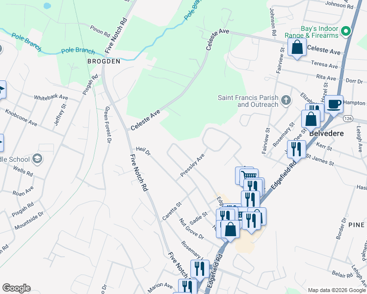 map of restaurants, bars, coffee shops, grocery stores, and more near 305 Edgewood Drive in Belvedere