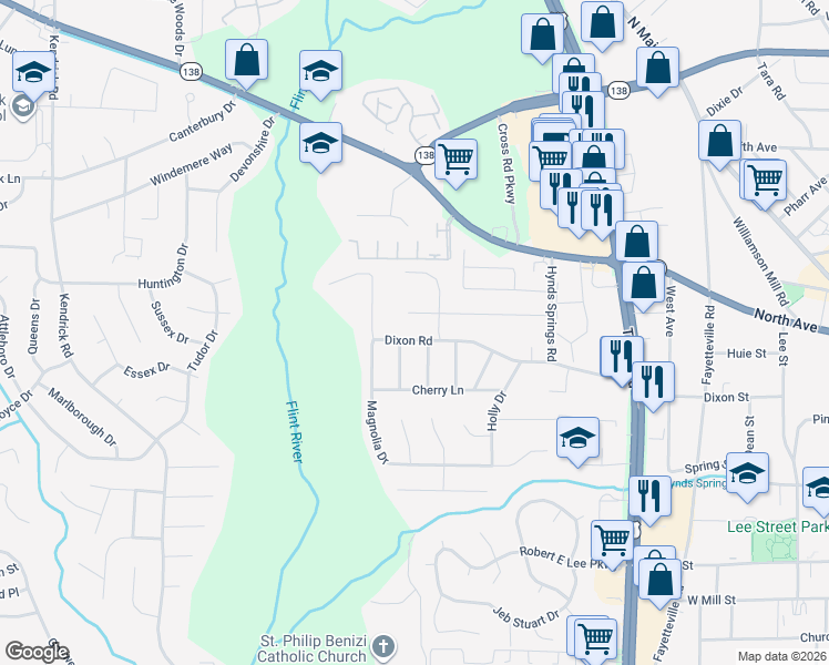 map of restaurants, bars, coffee shops, grocery stores, and more near 593 Dixon Road in Jonesboro