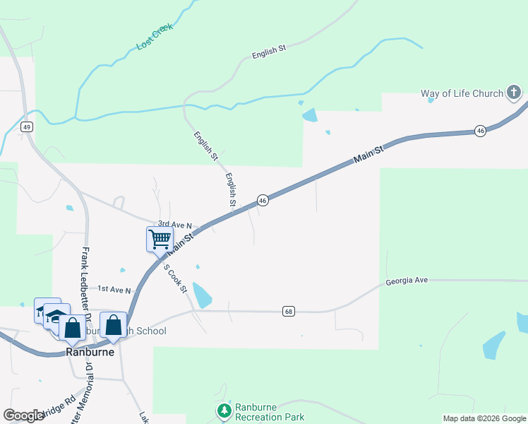 map of restaurants, bars, coffee shops, grocery stores, and more near 21984 Main Street in Ranburne