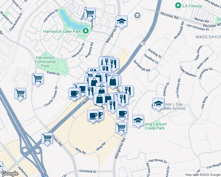 map of restaurants, bars, coffee shops, grocery stores, and more near 40426 Winchester Road in Temecula