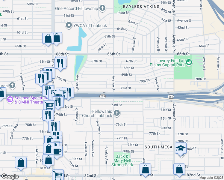 map of restaurants, bars, coffee shops, grocery stores, and more near 2101 71st Street in Lubbock