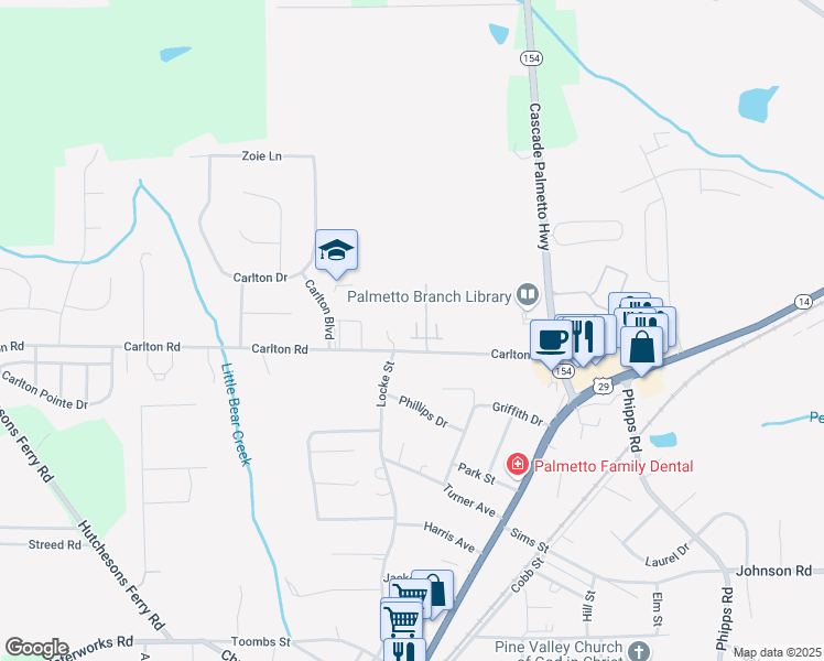 map of restaurants, bars, coffee shops, grocery stores, and more near 501 Carlton Road in Palmetto