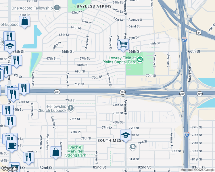 map of restaurants, bars, coffee shops, grocery stores, and more near Texas 289 Loop in Lubbock