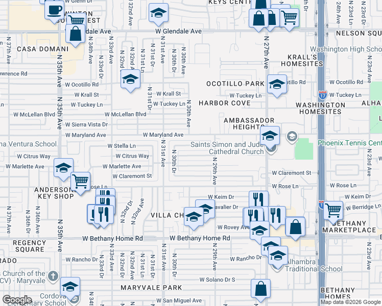 map of restaurants, bars, coffee shops, grocery stores, and more near 3001 West Citrus Way in Phoenix