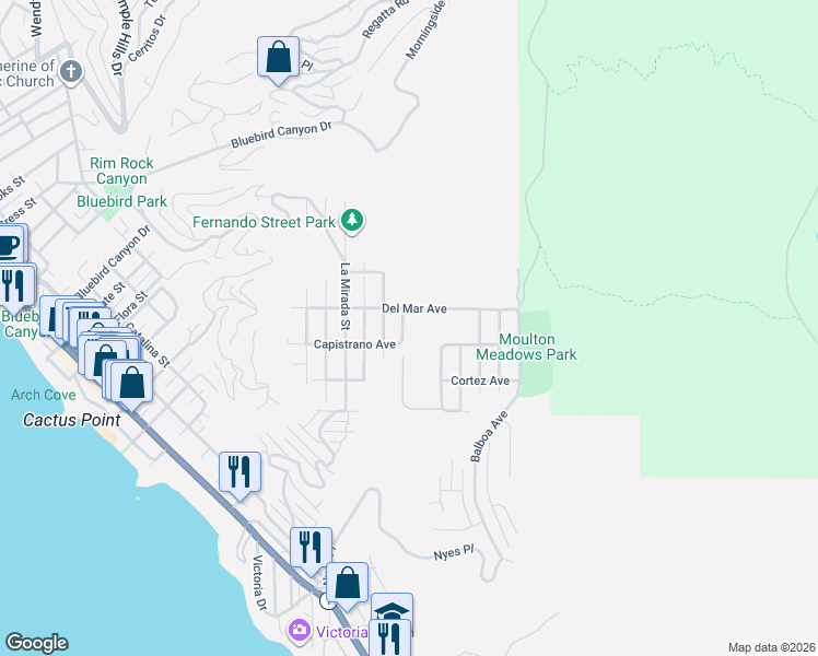map of restaurants, bars, coffee shops, grocery stores, and more near 1007 Oro Street in Laguna Beach