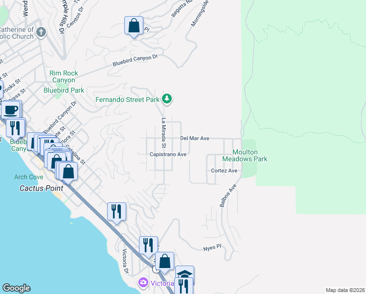 map of restaurants, bars, coffee shops, grocery stores, and more near 1007 Oro Street in Laguna Beach