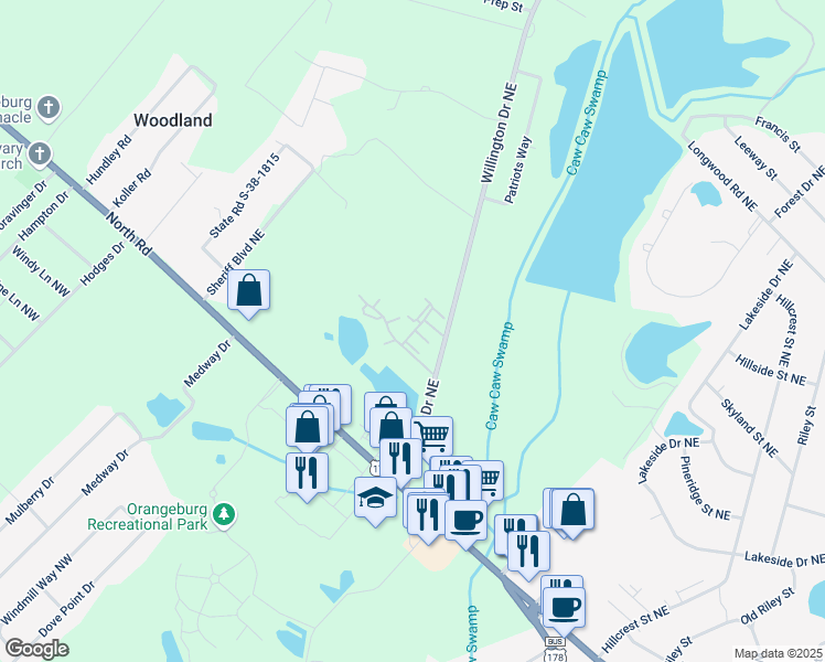 map of restaurants, bars, coffee shops, grocery stores, and more near 600 Laughing Gull Drive in Orangeburg