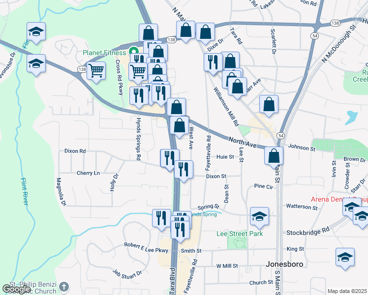 map of restaurants, bars, coffee shops, grocery stores, and more near 8220 Tara Boulevard in Jonesboro