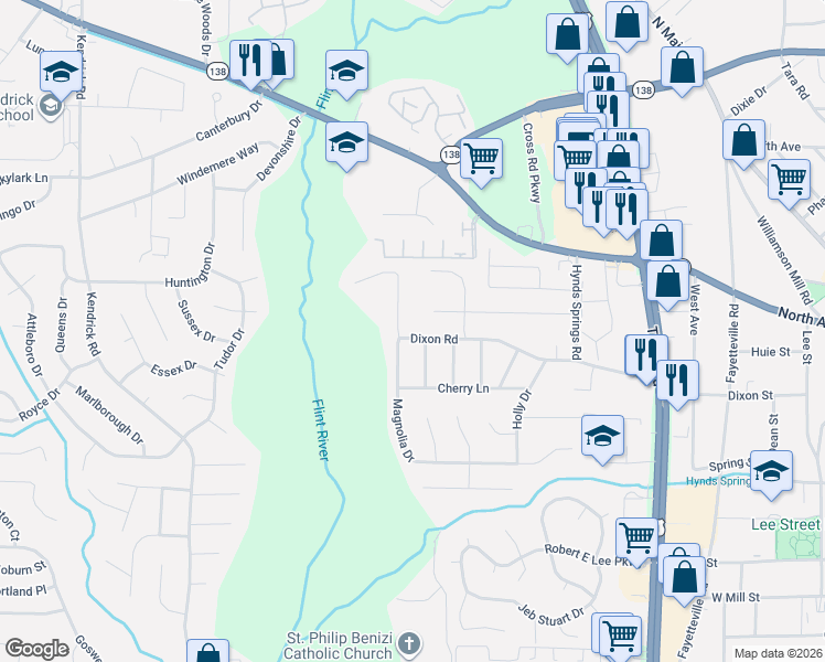 map of restaurants, bars, coffee shops, grocery stores, and more near 565 Dixon Road in Jonesboro