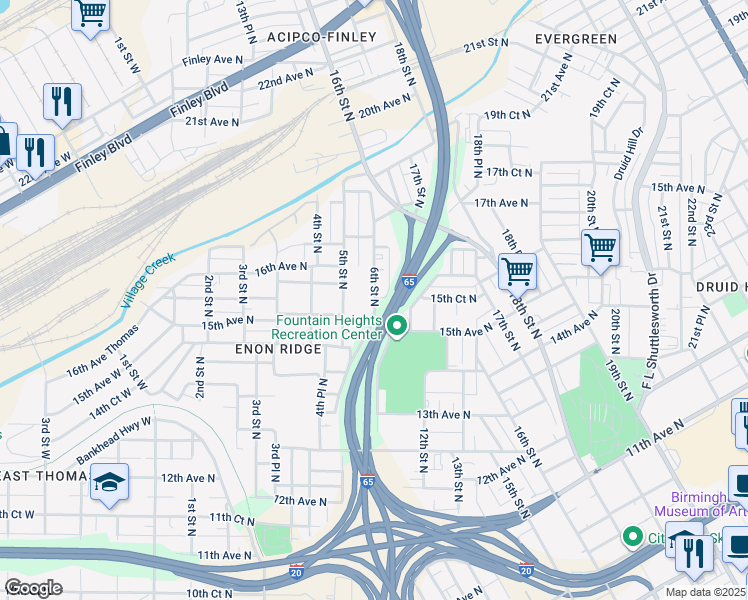 map of restaurants, bars, coffee shops, grocery stores, and more near 1514 11th Street North in Birmingham