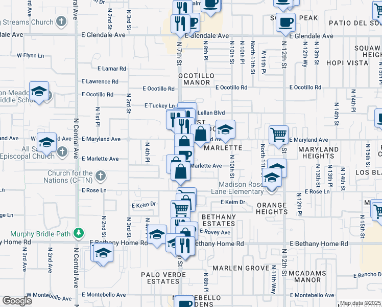 map of restaurants, bars, coffee shops, grocery stores, and more near 730 East Marlette Avenue in Phoenix