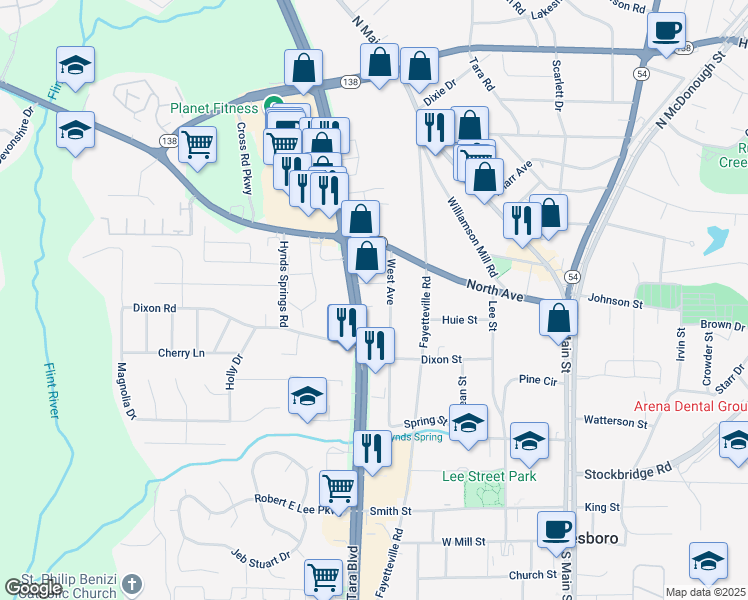 map of restaurants, bars, coffee shops, grocery stores, and more near 8220 Tara Boulevard in Jonesboro