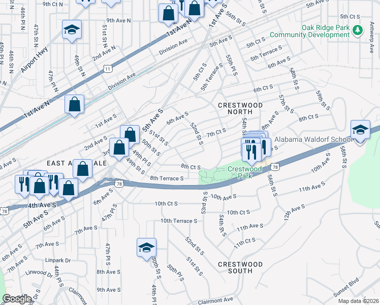 map of restaurants, bars, coffee shops, grocery stores, and more near 5101 8th Avenue South in Birmingham