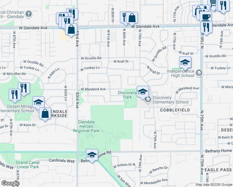 map of restaurants, bars, coffee shops, grocery stores, and more near 8019 West Stella Avenue in Glendale