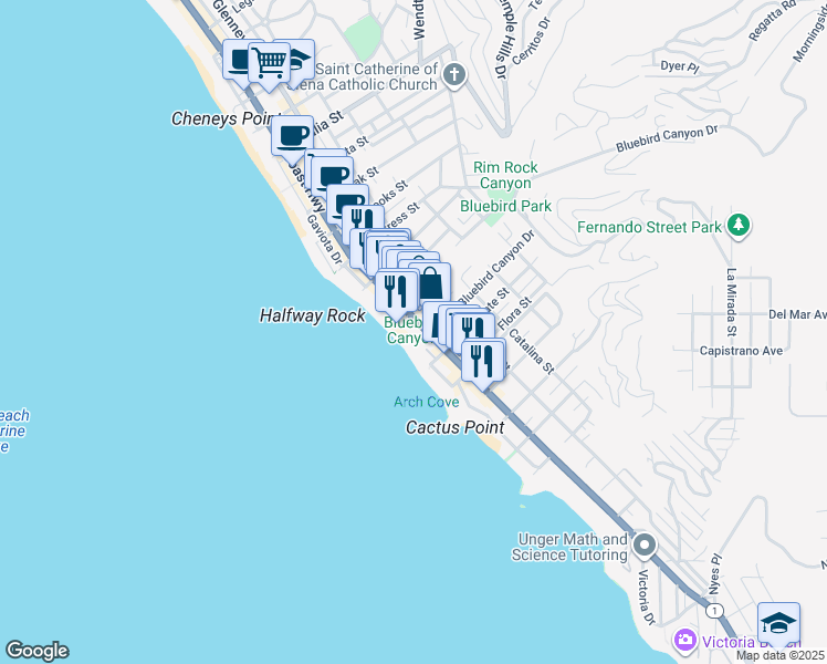 map of restaurants, bars, coffee shops, grocery stores, and more near 1585 South Coast Highway in Laguna Beach