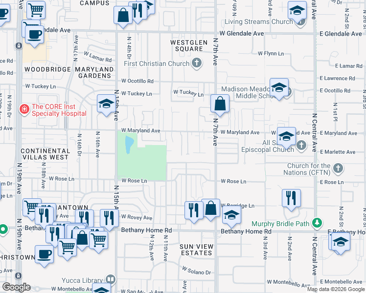 map of restaurants, bars, coffee shops, grocery stores, and more near 926 West Claremont Street in Phoenix