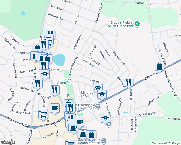 map of restaurants, bars, coffee shops, grocery stores, and more near 1252 Carriage Drive in Aiken