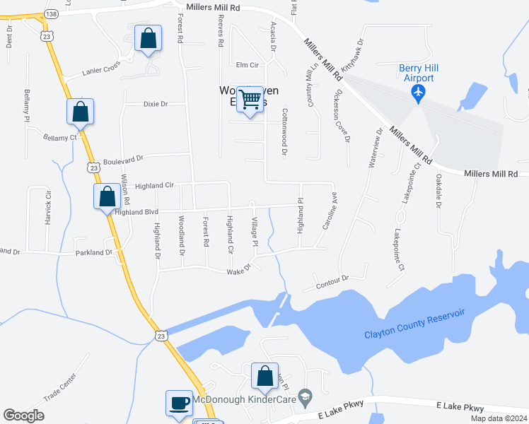 map of restaurants, bars, coffee shops, grocery stores, and more near 190 Highland Boulevard in Stockbridge