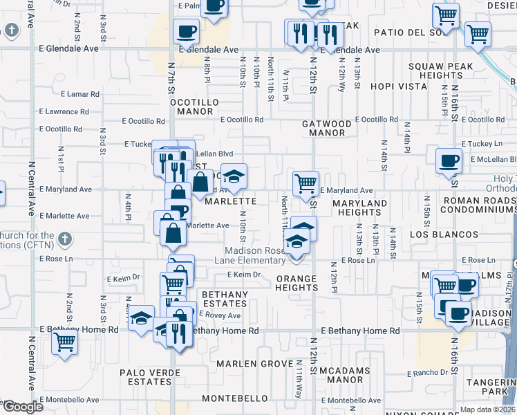 map of restaurants, bars, coffee shops, grocery stores, and more near 6309 North 10th Place in Phoenix