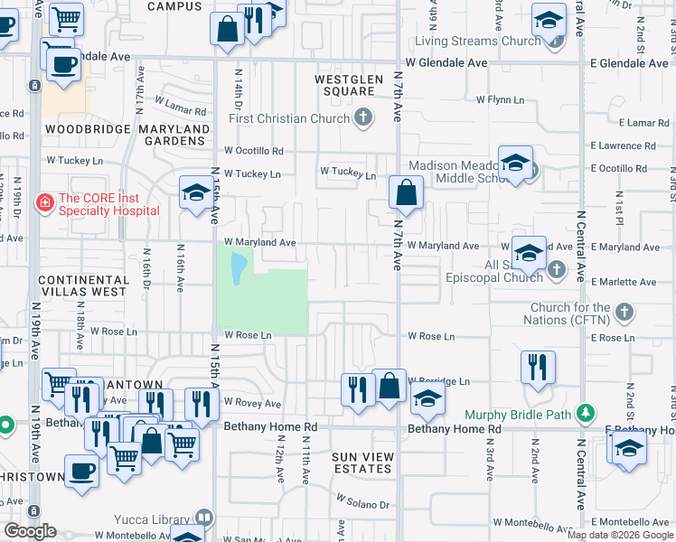 map of restaurants, bars, coffee shops, grocery stores, and more near 926 West Claremont Street in Phoenix